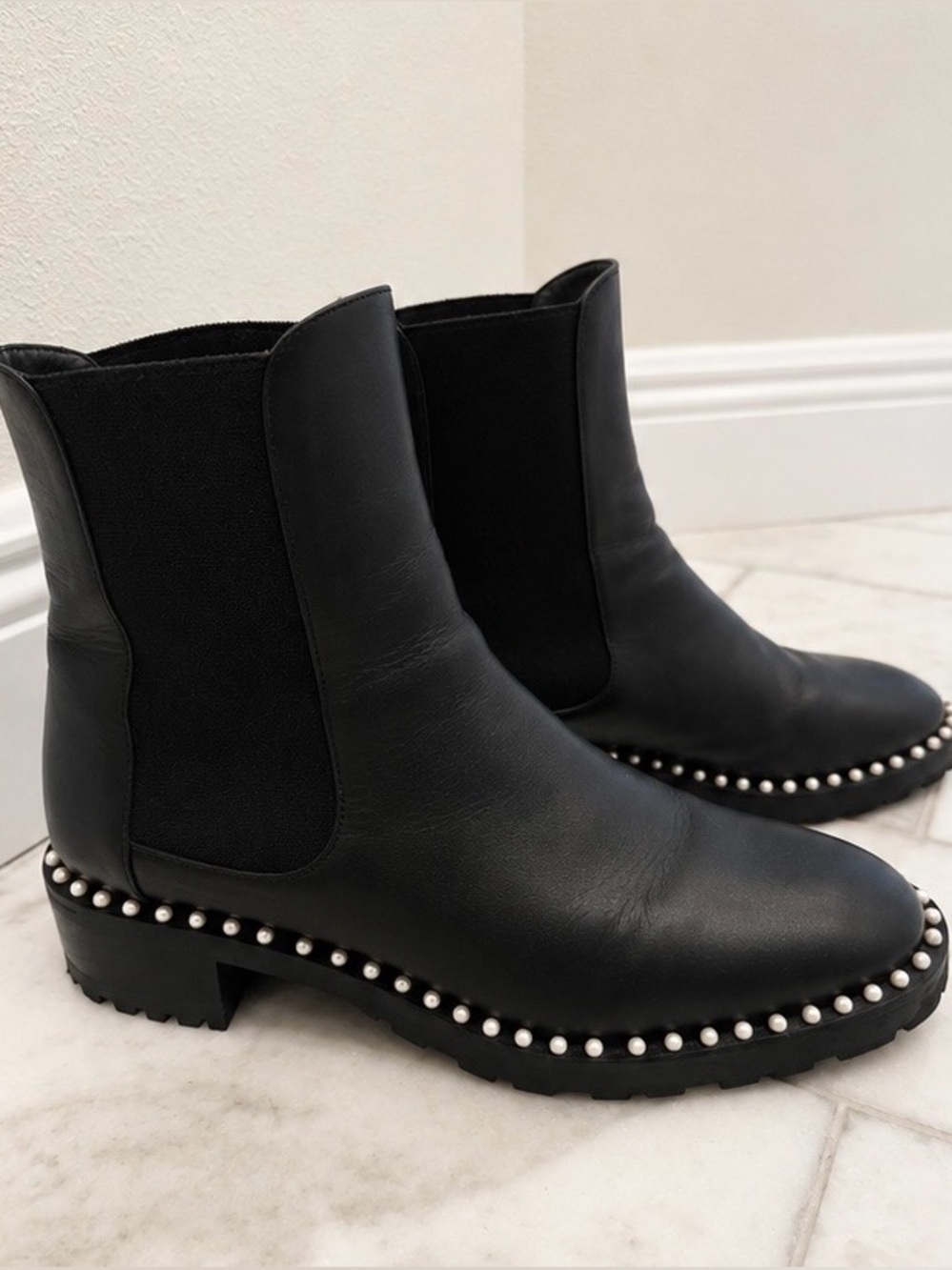 Stuart Weitzman Black Pearl Stud Chelsea Lug Sole Ankle Boots - Women